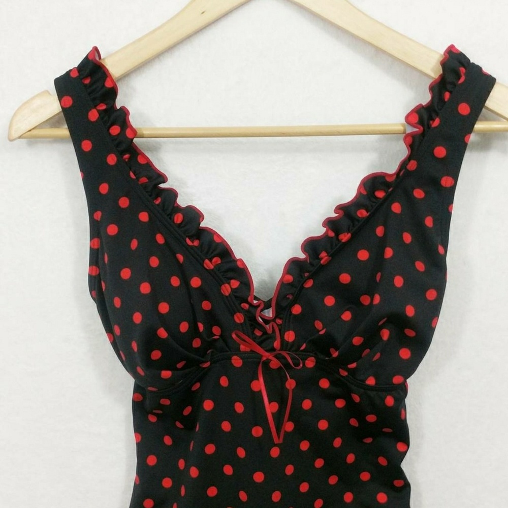 Pin Up Red Black Polka Dot One Piece Swimsuit - Picture 4 of 6